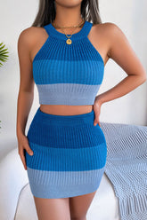 Color Block Sleeveless Crop Knit Top and Skirt Set - Shah S. Sahota